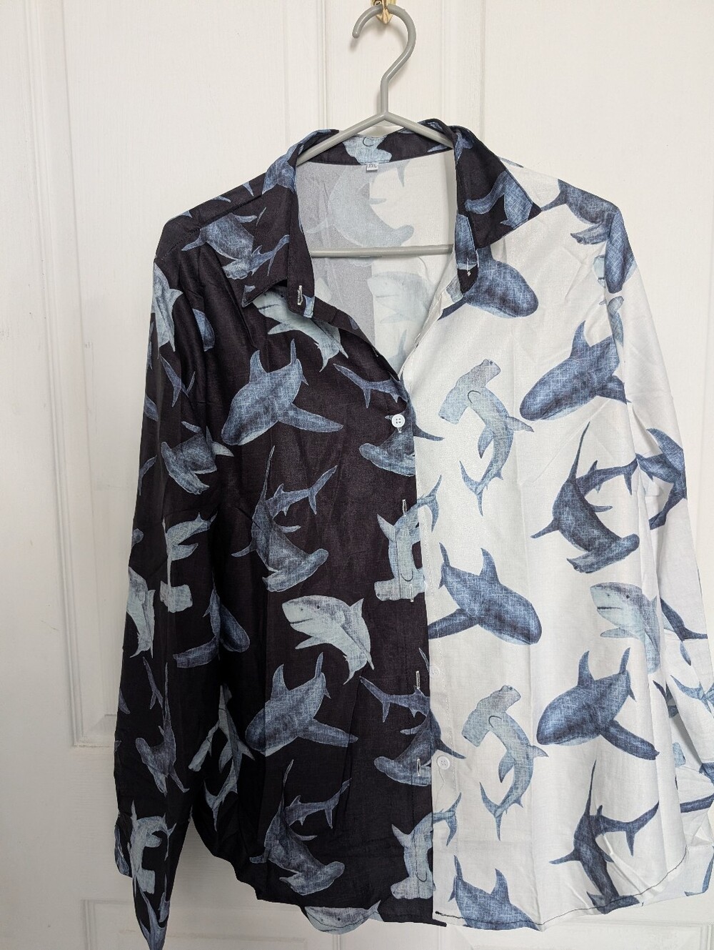 Women's Shark-Print Button-Up Shirt - Black & White